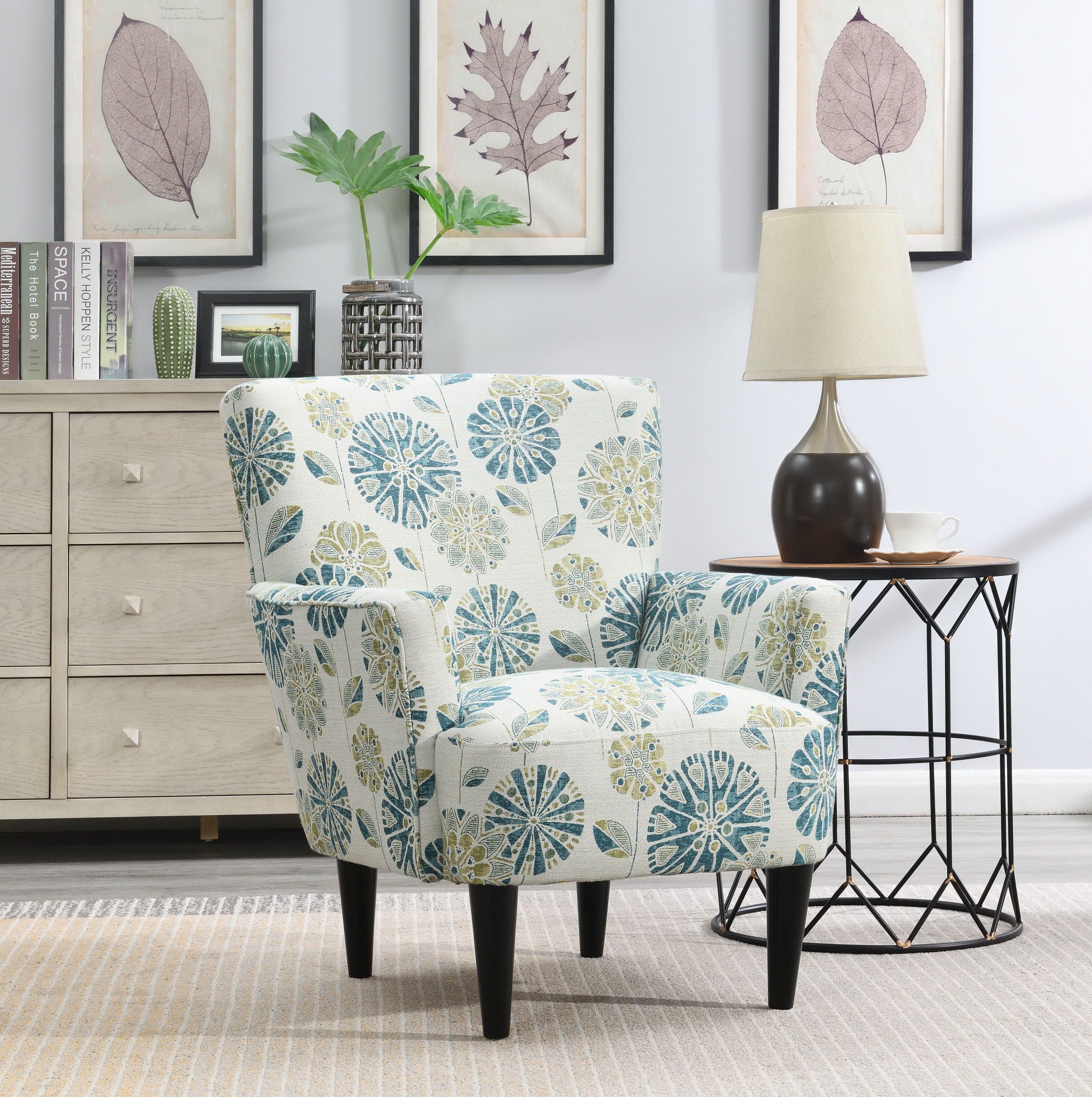 Floral Accent Chair - Blue - Wood