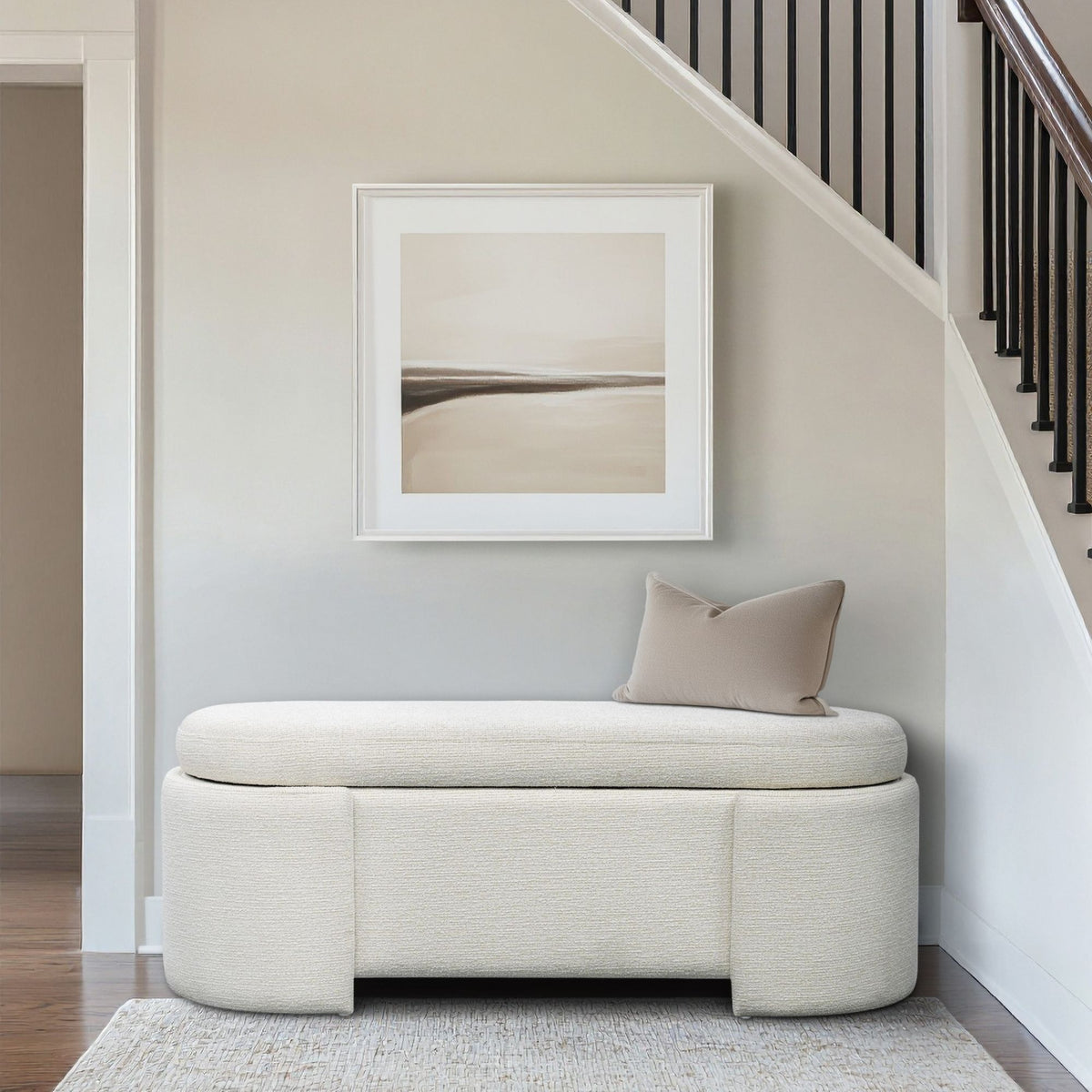 Leslie - Fully Upholstered Oval Storage Bench With Soft-Close Lid - Ivory