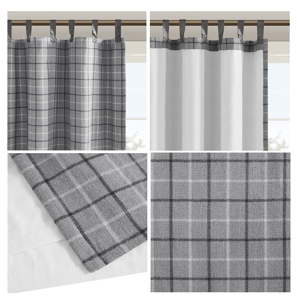Anaheim - Plaid Faux Leather Tab Top Curtain Panel With Fleece Lining - Gray