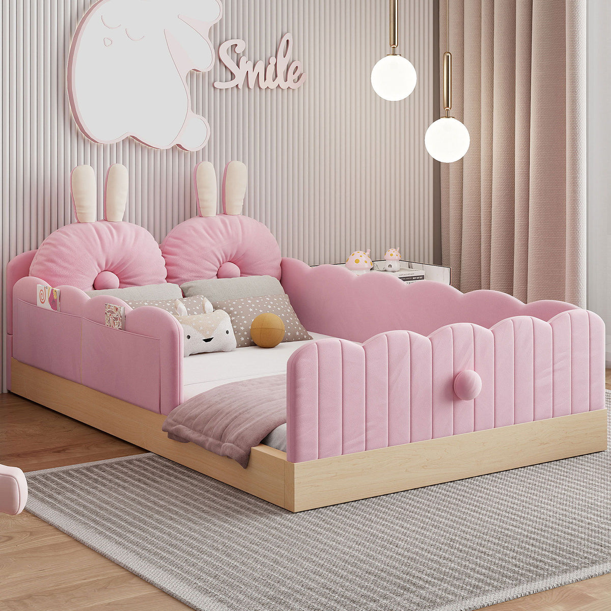 Platform Bed With Animal Pillows And Storage Bags