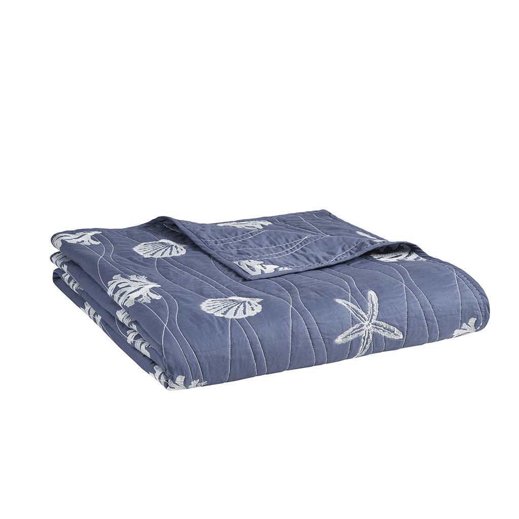 Seaside - 4 Piece King Cotton Reversible Embroidered Quilt Set With Throw Pillow - Navy