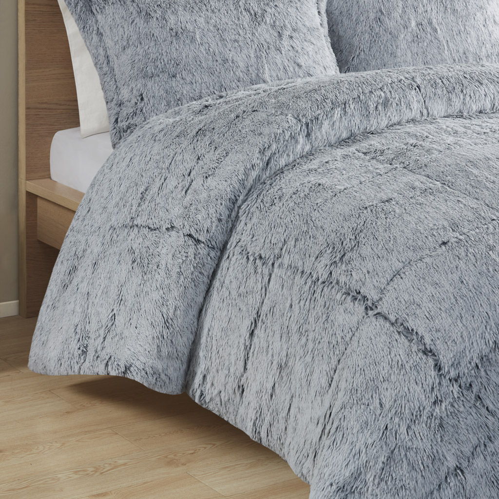 Malea - Shaggy Long Fur Comforter Mini Set - Black / Light Blue