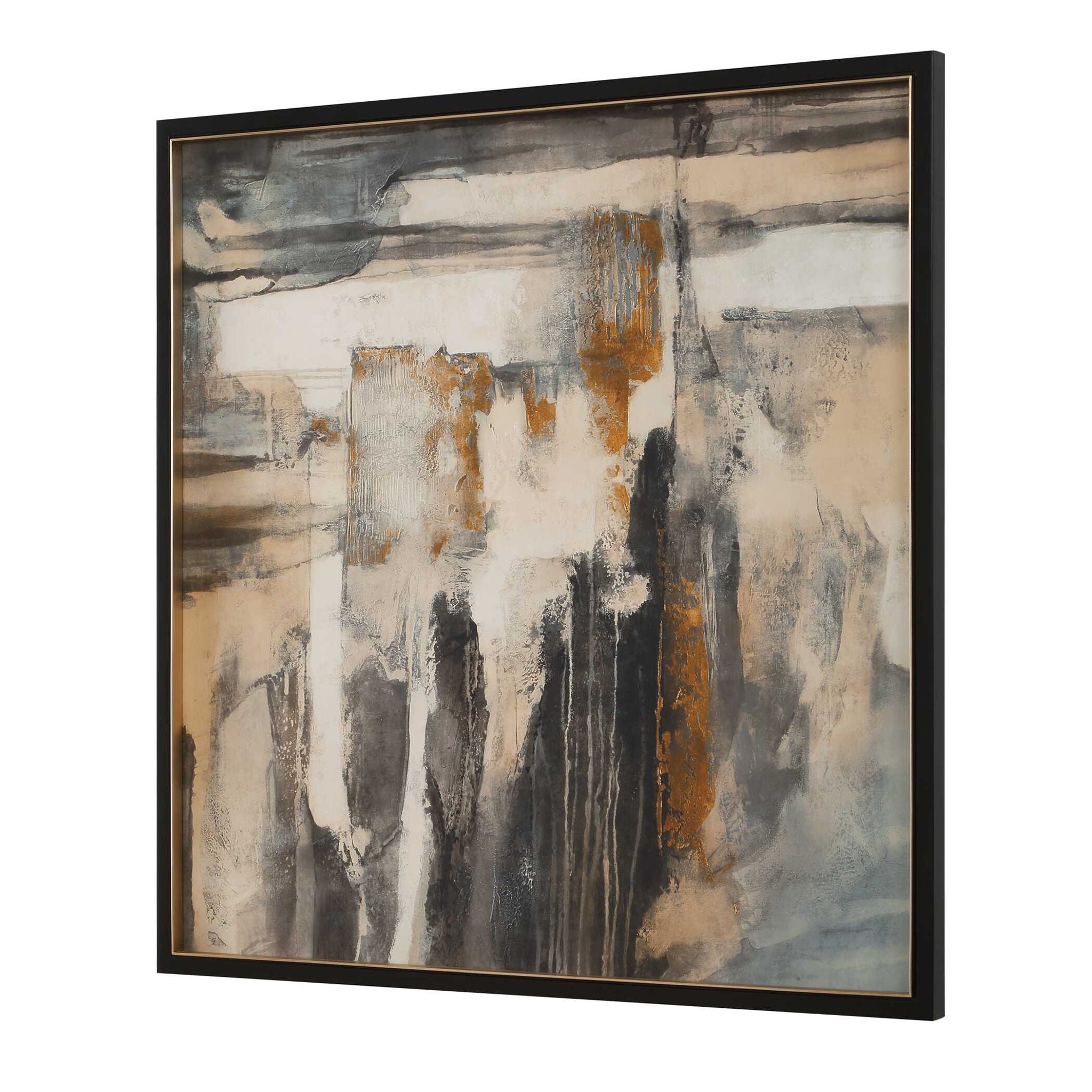 Landslide - Framed Abstract Print - Black / Brass / Gold / Gray / Orange / White / Yellow