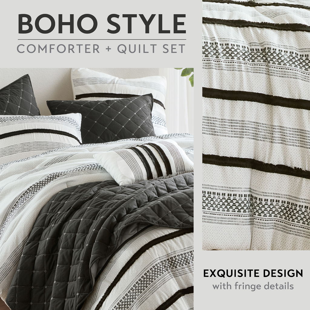Carolina - 7 Piece Full/Queen Stripe Comforter And Quilt Set - Black