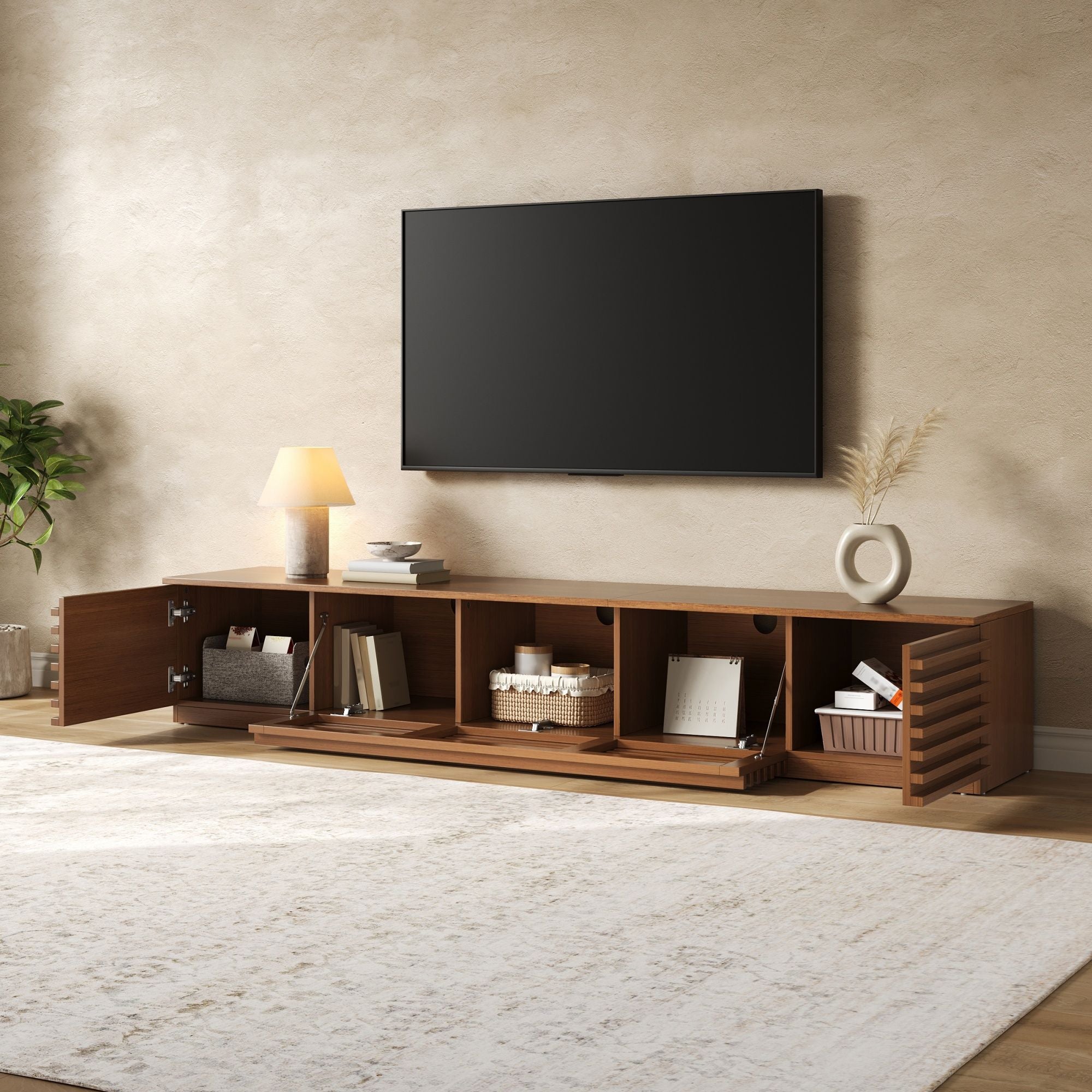 TV Stand, Entertainment Center With Cable Management And Soft Closing Hinges - Walnut