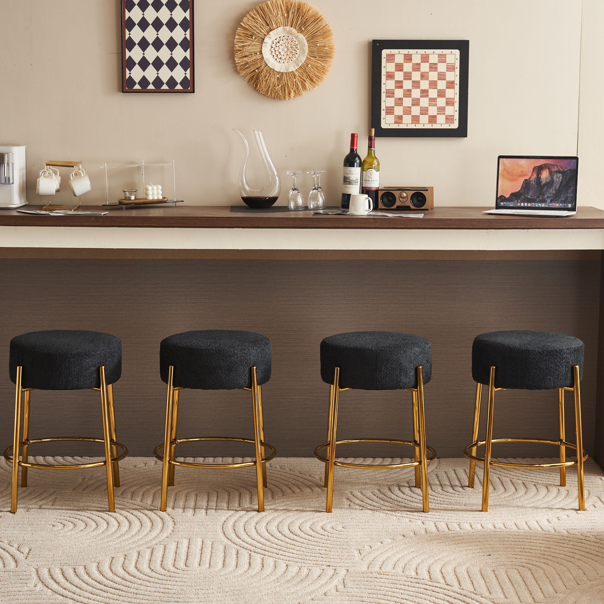 Round Bar Stools (Set of 2), Contemporary Upholstered Dining Stools For Kitchens, Coffee Shops And Bar Stores - Legs