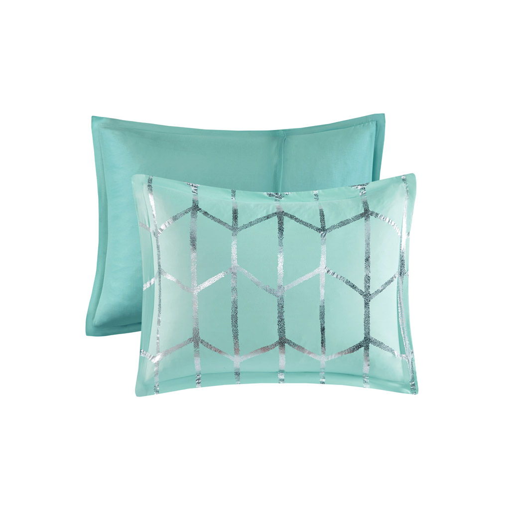Raina - Twin Metallic Printed Comforter Set - Aqua / Silver