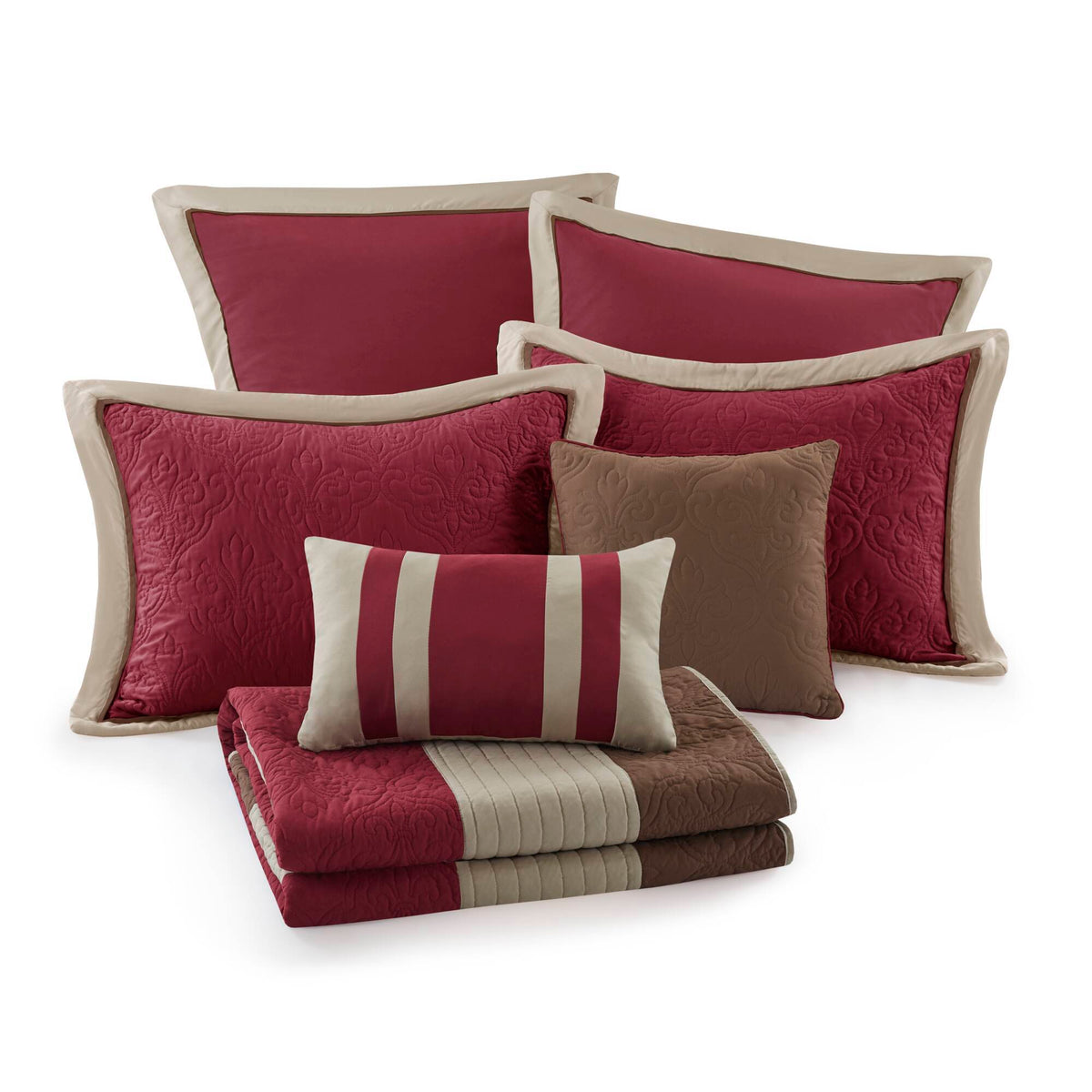 Attingham - King/California King 7 Piece Quilt Set With Euro Shams And Throw Pillows - Red