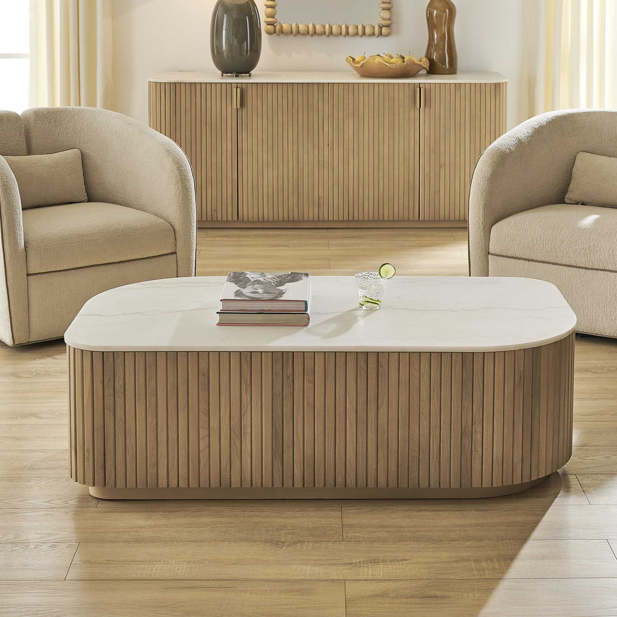 Arik - Marble Top Coffee Table - White / Woodtone