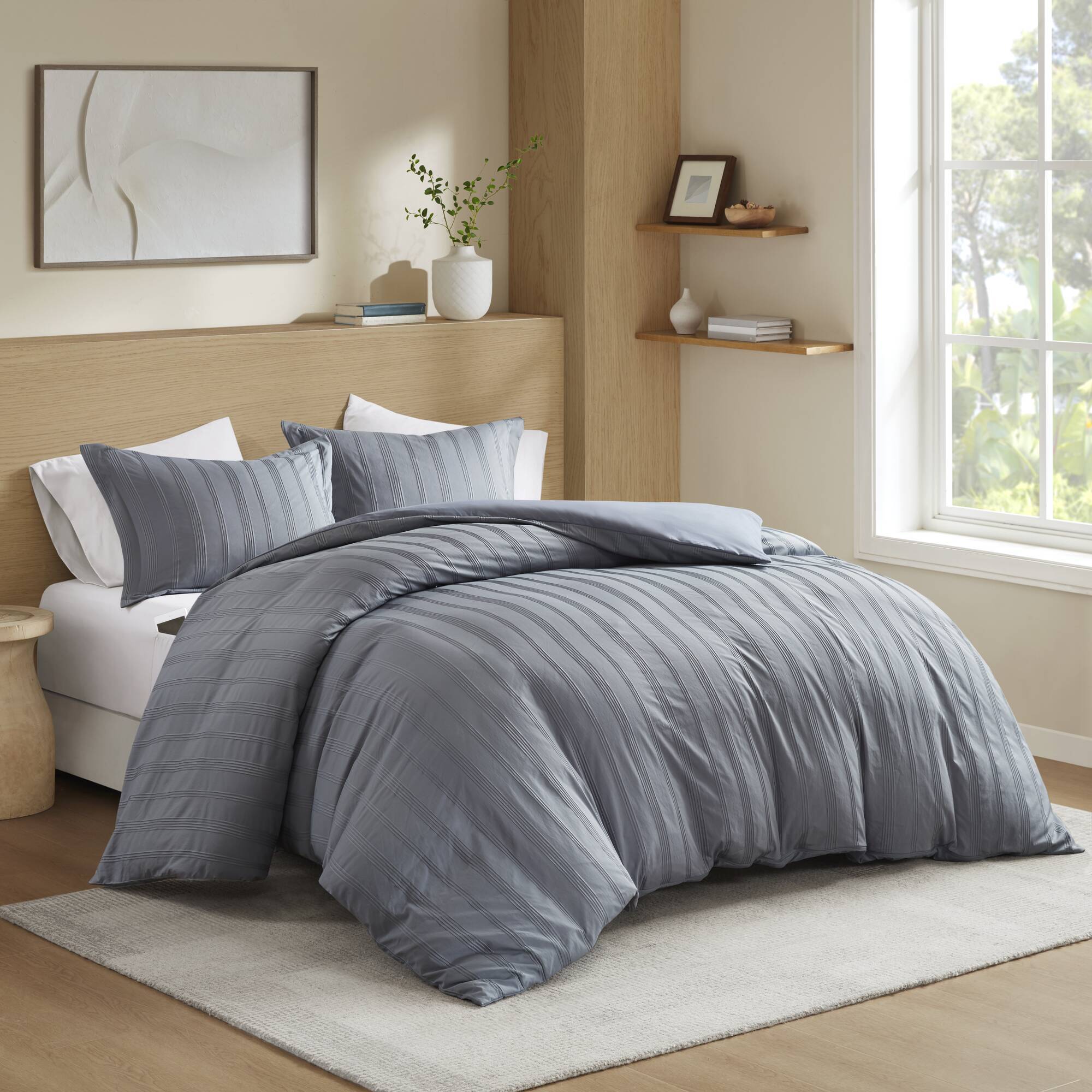 Logan - Queen Striped Duvet Set - Blue / Gray