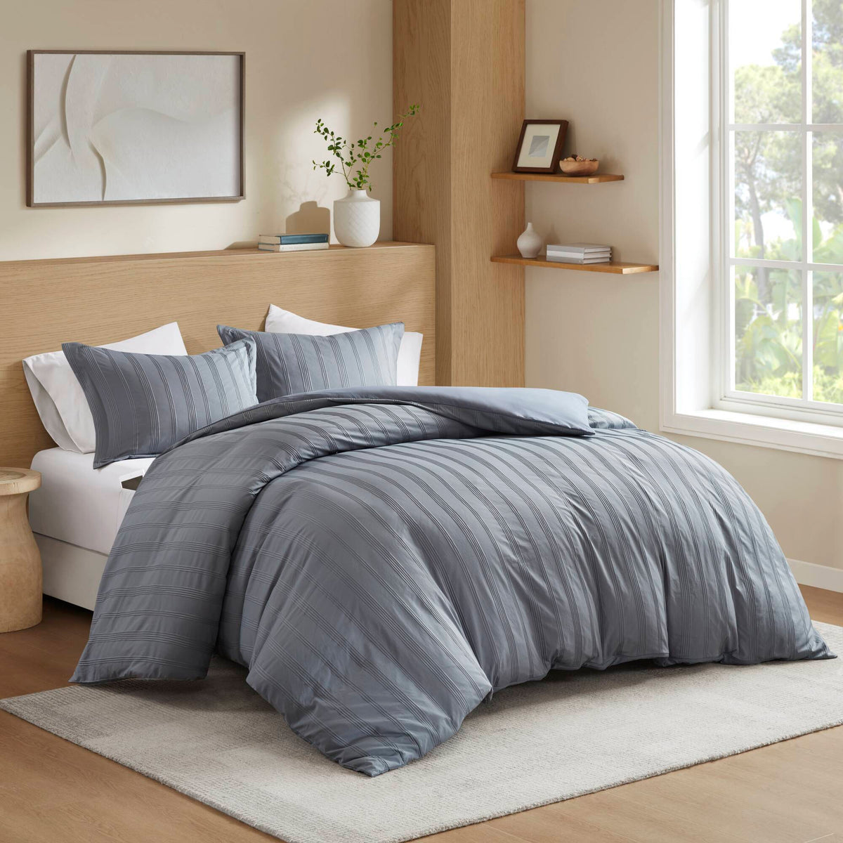 Logan - Full Striped Duvet Set - Blue / Gray