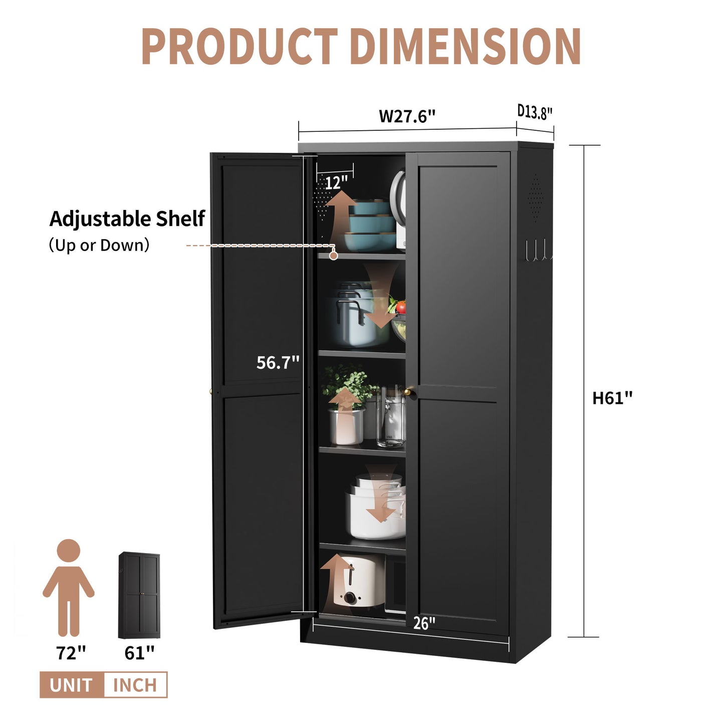 Kitchen Pantry Cabinet With 4 Adjustable Shelves, Heavy Duty Freestanding Organizer