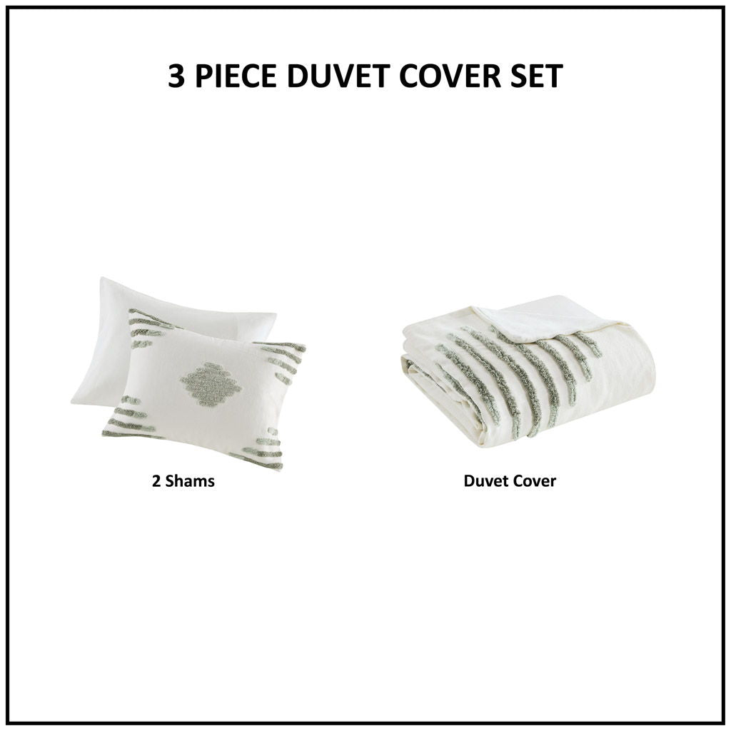 Tahli - 3 Piece Cotton Blend Chenille Duvet Cover Set - Green