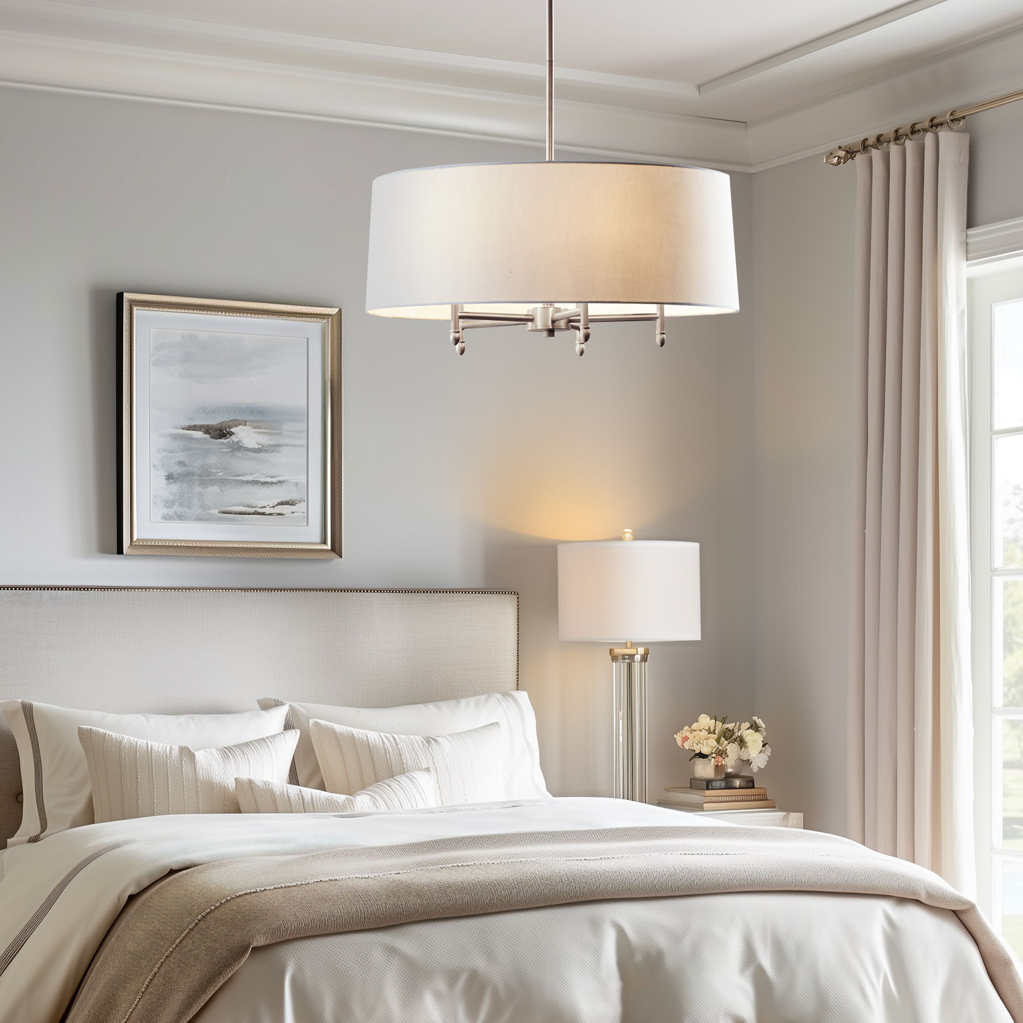 Presidio - 5-Light White Drum Shade Chandelier - Silver / White