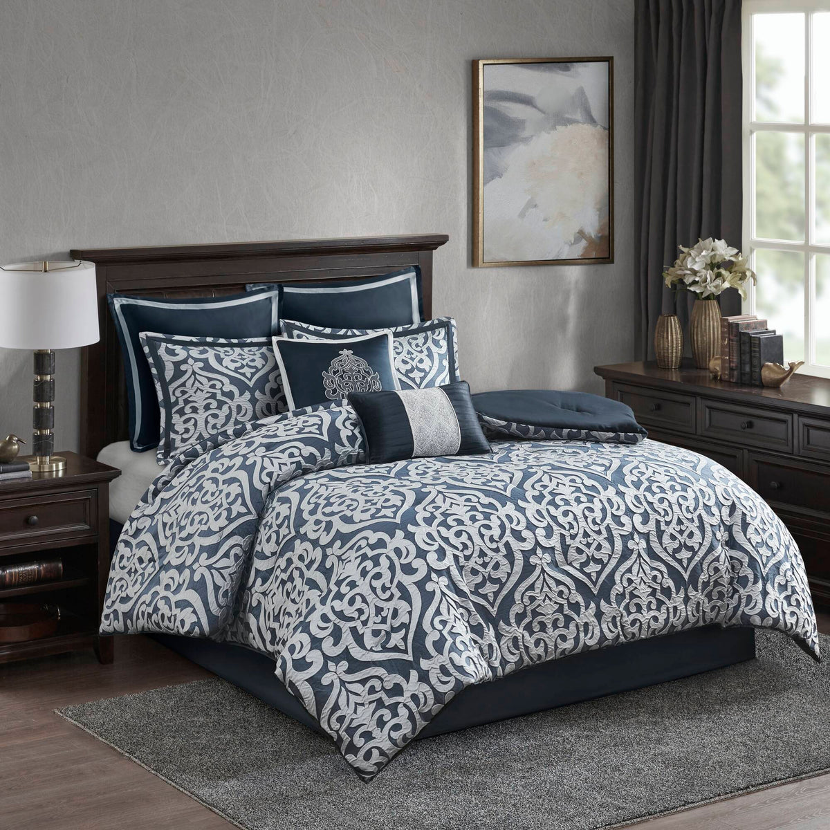 Odette - Queen 8 Piece Comforter Set - Navy