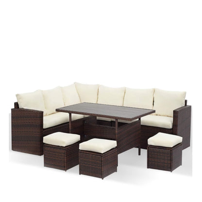 7 Piece Outdoor Dining Set With Cushions, Modular Sectional Sofa And Table