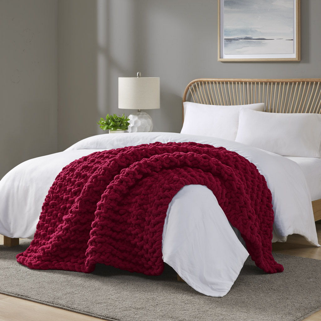 Chenille Chunky Knit - Throw - Red