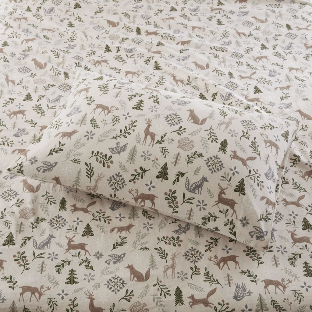 Cozy Flannel - 4 Piece King Printed Sheet Set - Tan land Winter