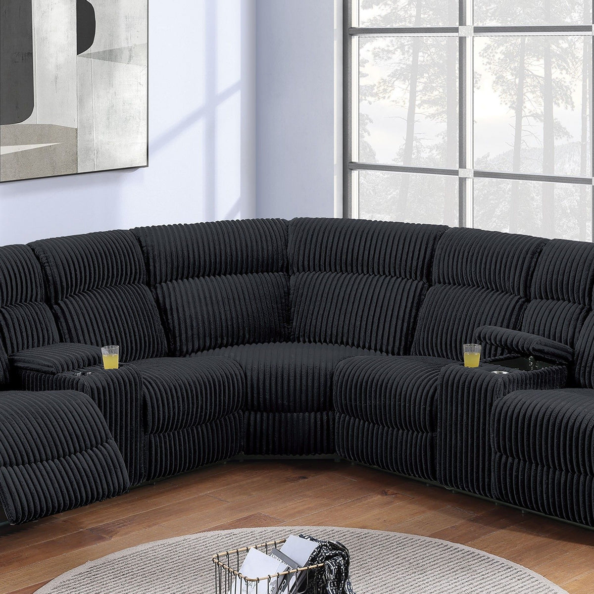 Manual Motion Reclining Sectional LAF / RAF Loveseat With Consoles Cup Holders Upholstered Living Room - Black