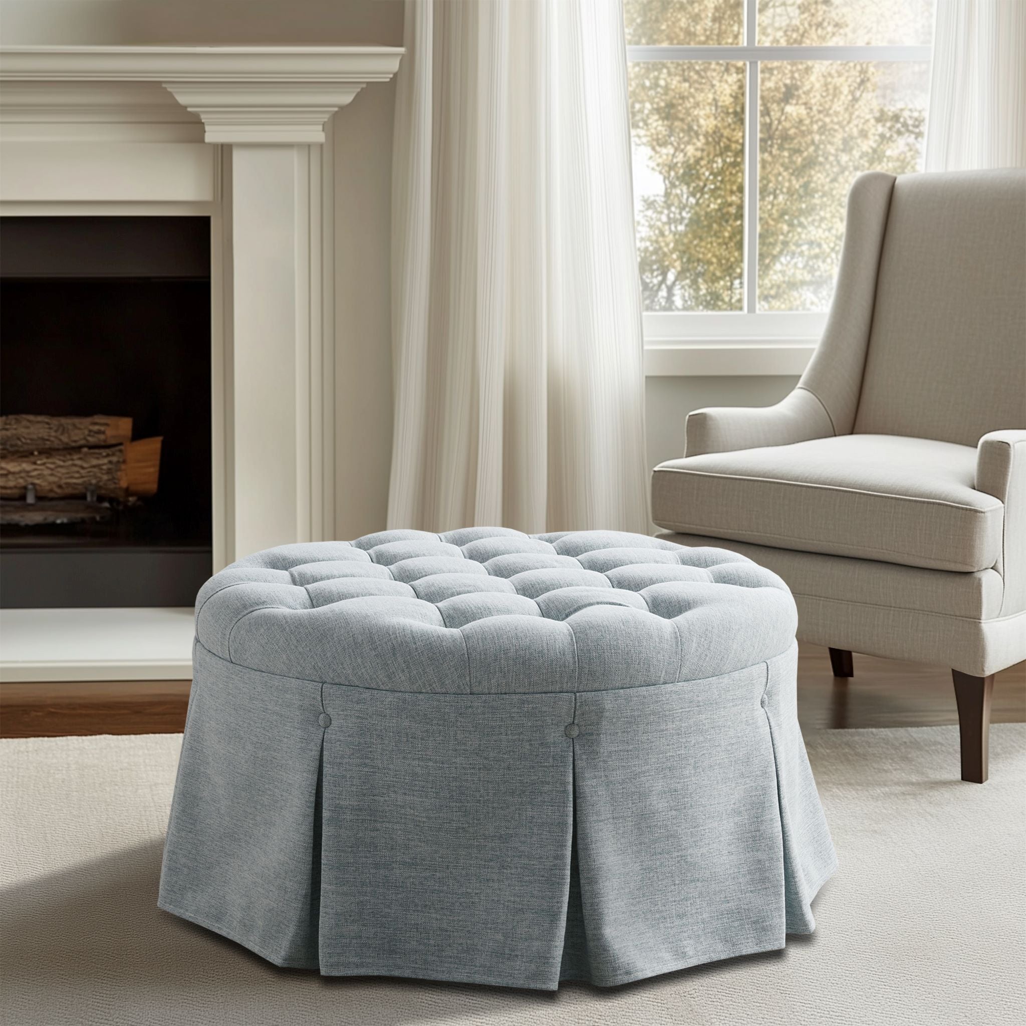 Terri - Skirted Tufted 32" Round Ottoman - Light Blue