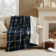 Print Plush To Sherpa - 50X60" Heated Throw - Navy Plaid