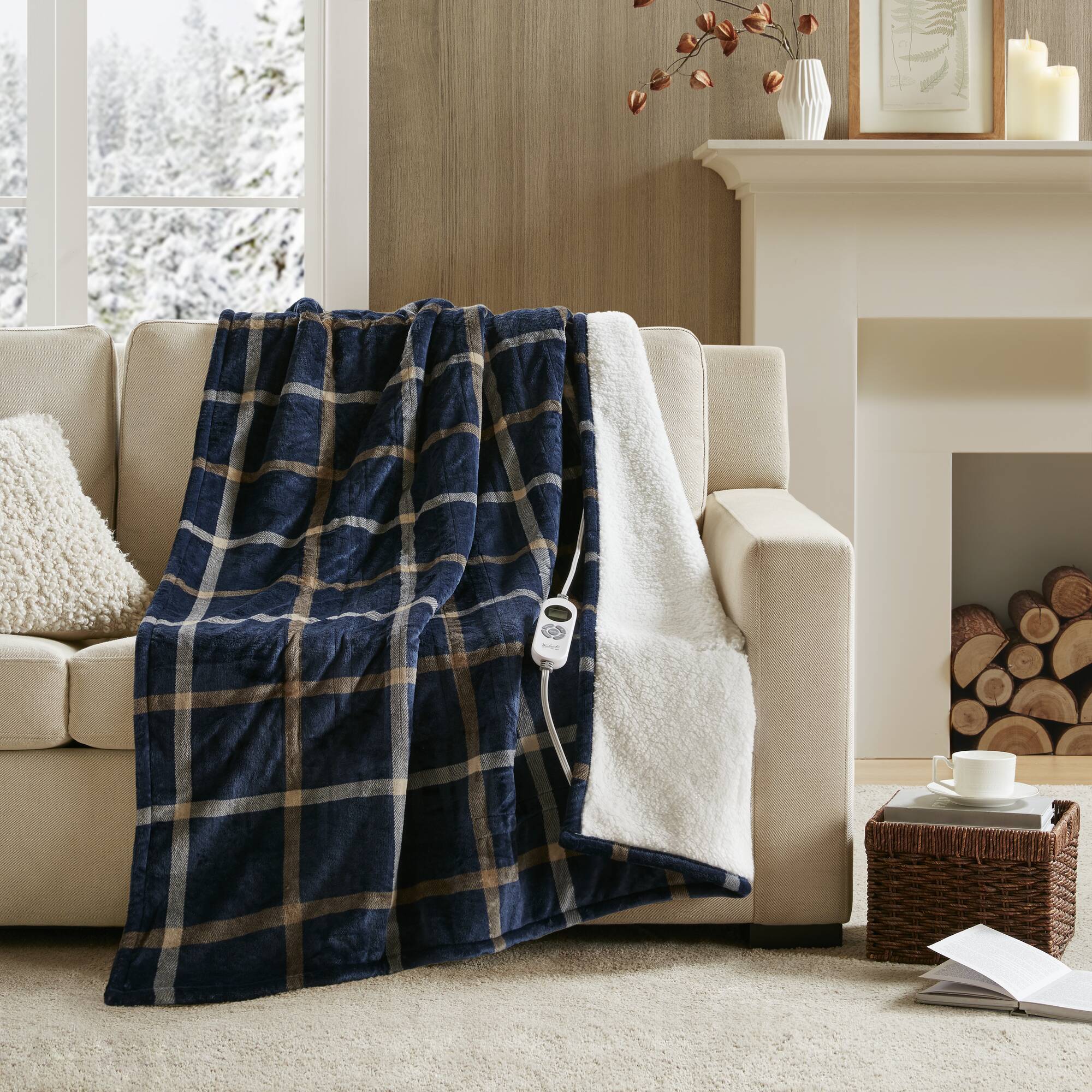 Print Plush To Sherpa - 50X60" Heated Throw - Navy Plaid