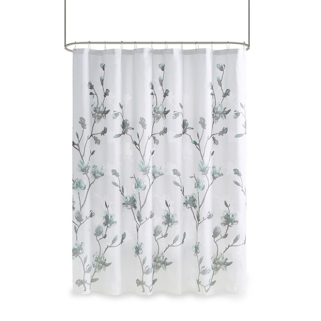 Magnolia - Floral Printed Burnout Shower Curtain - Aqua