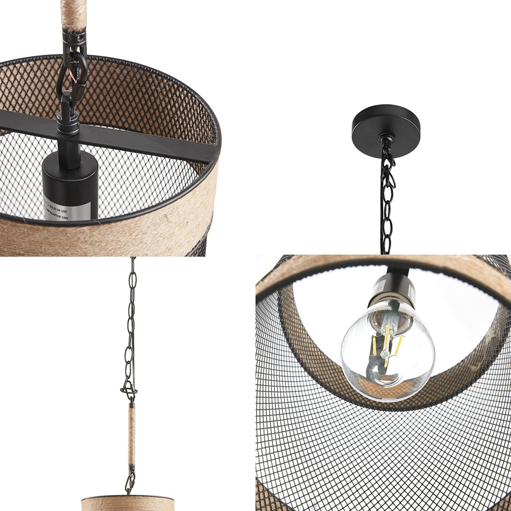 Orion - Natural Rope and Metal Mesh Cylinder Pendant - Natural / Black
