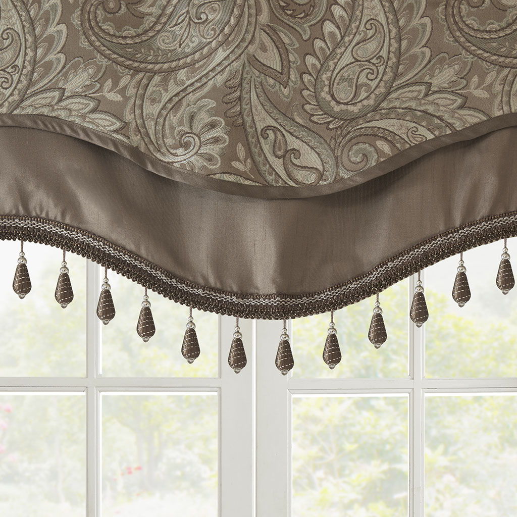 Aubrey - Window Rod Pocket Valance With Beads - Blue / Brown