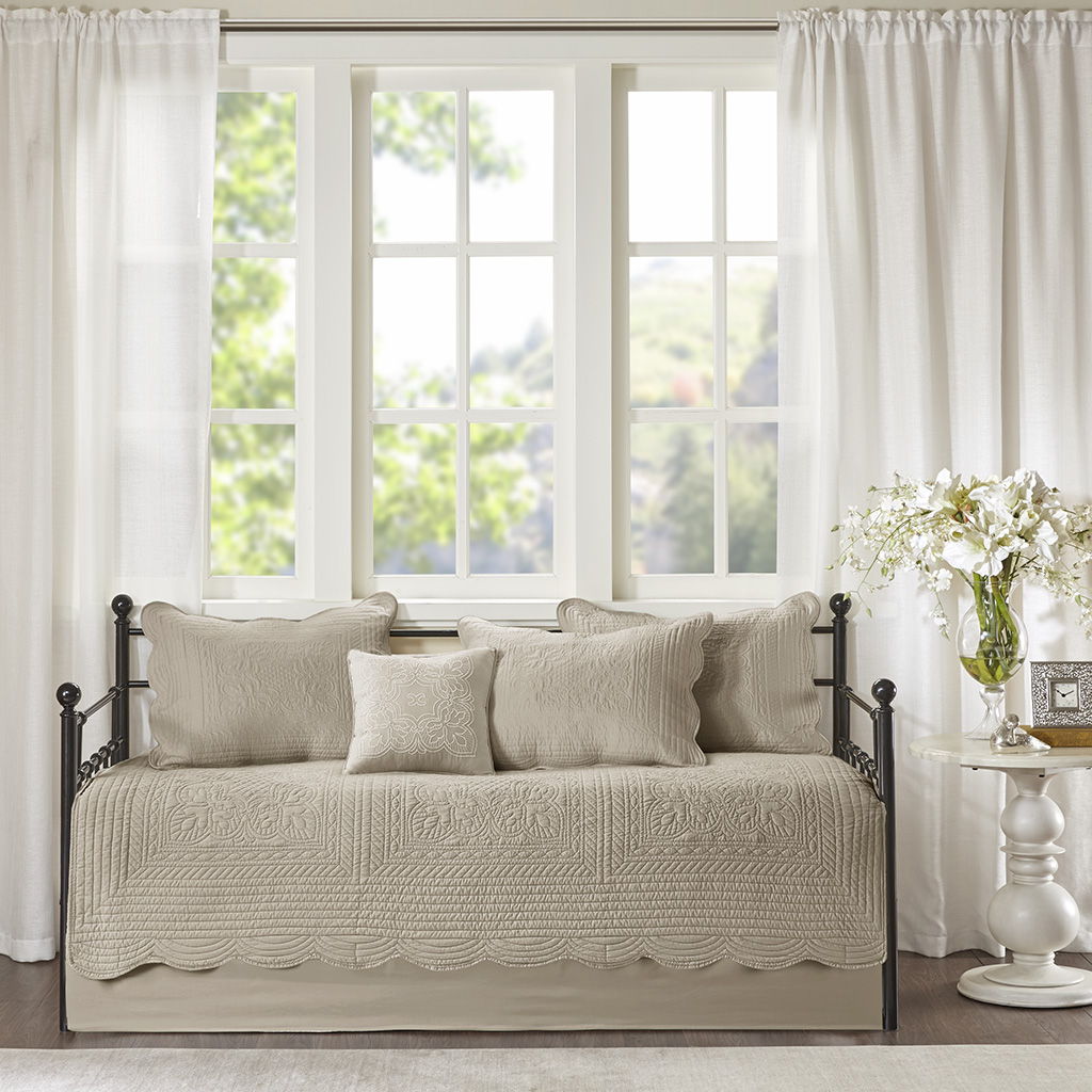 Tuscany - 6 Piece Scalloped Edge Daybed Cover Set - Khaki
