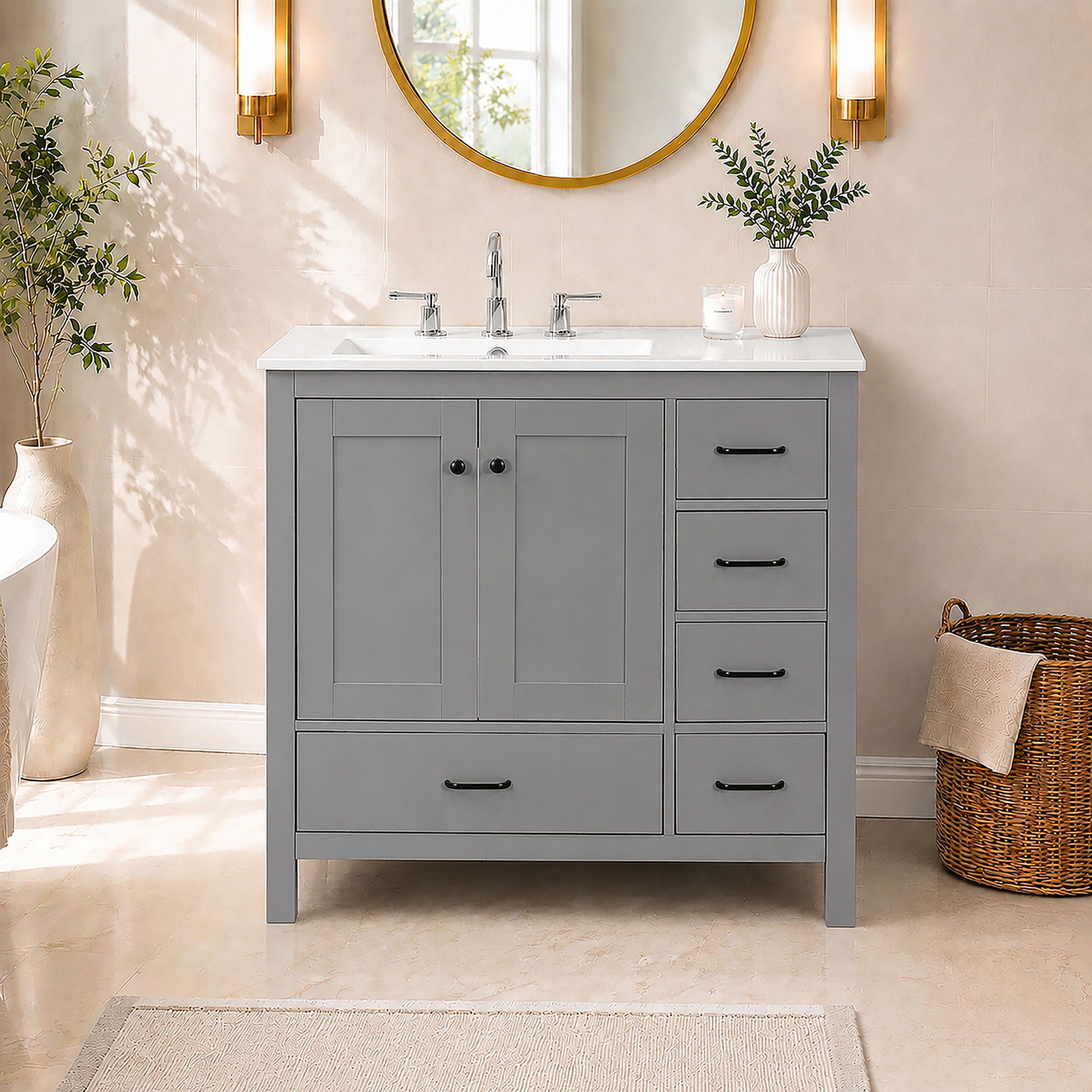 Bathroom Vanity With Sink Combo, 2 Soft Close Doors And 5 Drawers