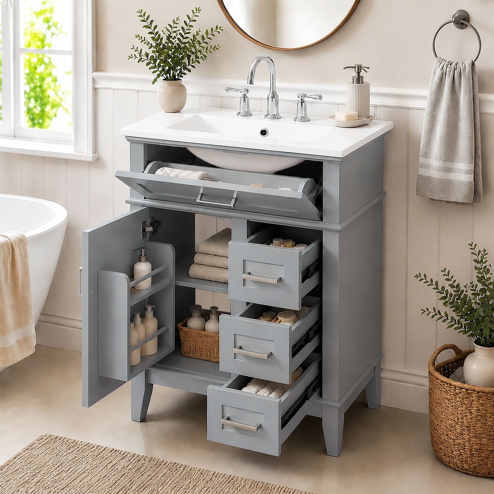 Modern Bathroom Vanity With Sink, Flip Drawer & 3 Drawers, Soft Close Hinges, Adjustable Shelf