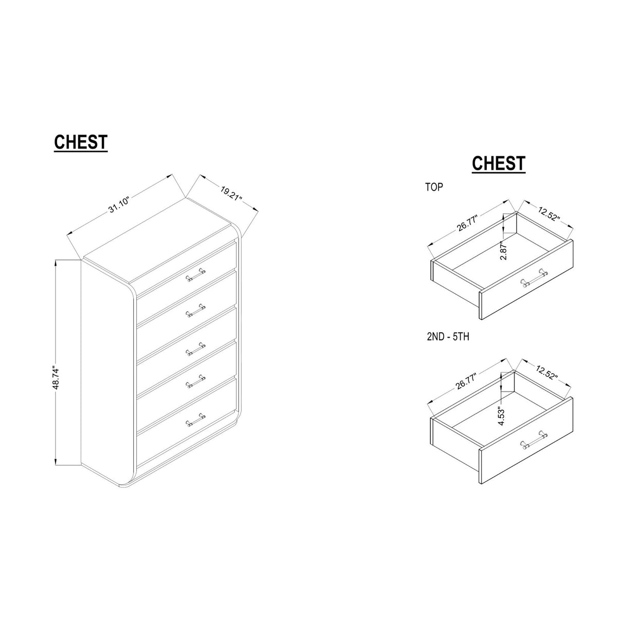 Gigi - Chest With LED Lights Chest, 5 Drawers, LED Lighting, Rounded Edges - Gold