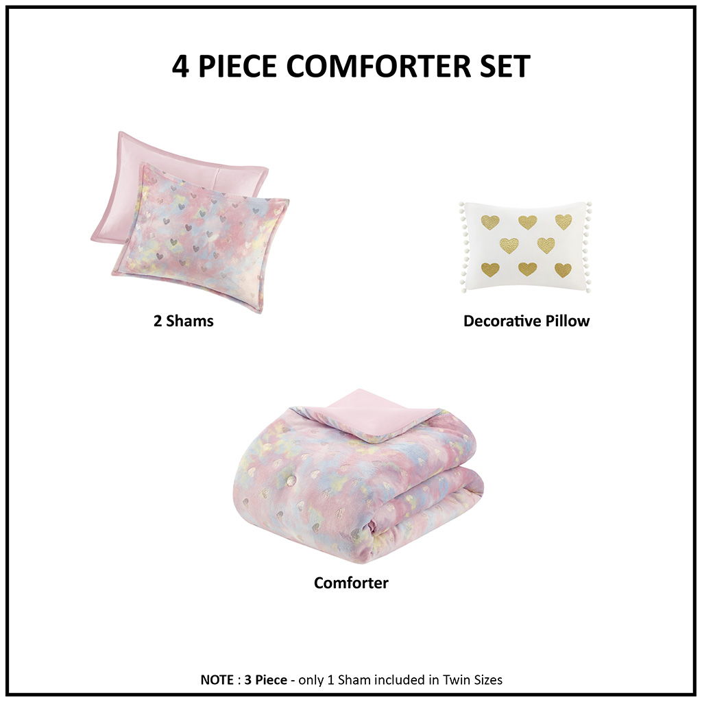 Rosalie - 3 Piece Twin/Twin Long Metallic Printed Plush Comforter Set With Throw Pillow - Pink Multi/Gold