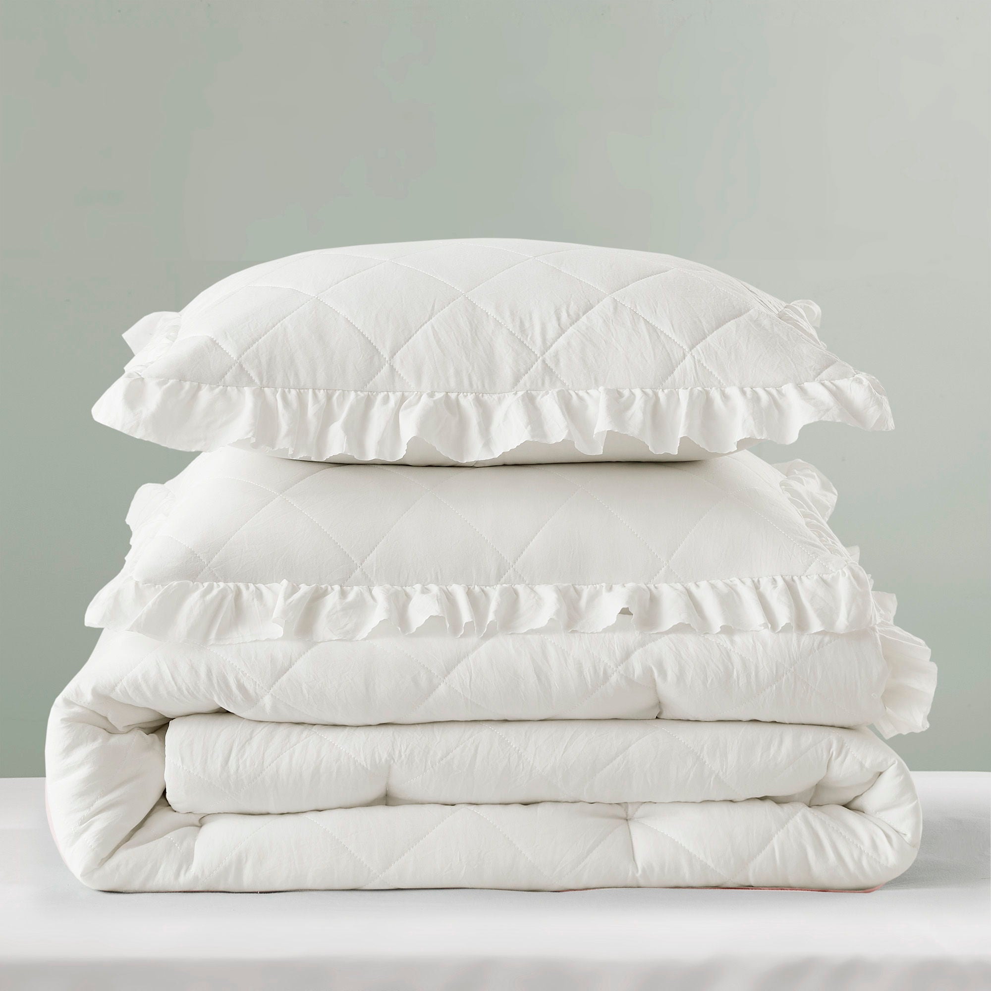 Phoebe - Full/Queen Diamond Quilted Ruffle Edge Comforter Set - Ivory