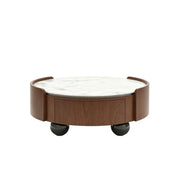 Round Coffee Table With Ball Feet, Dual Storage Drawers For Living Room - Walnut Brown