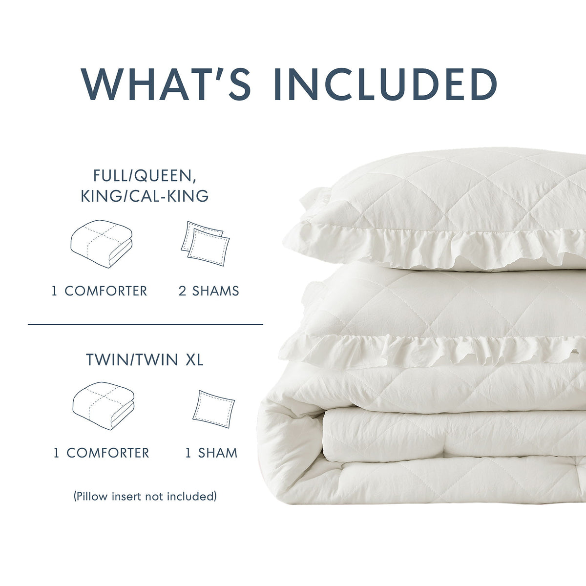 Phoebe - King/California King Diamond Quilted Ruffle Edge Comforter Set - Ivory