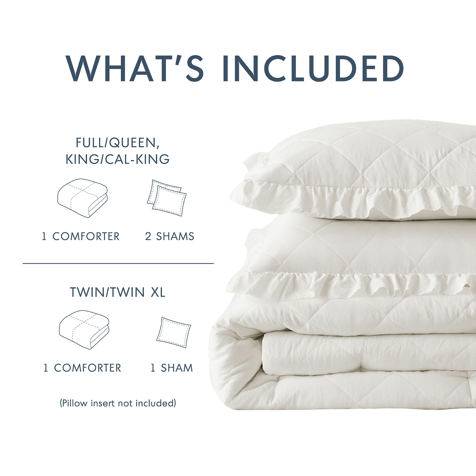 Phoebe - Full/Queen Diamond Quilted Ruffle Edge Comforter Set - Ivory