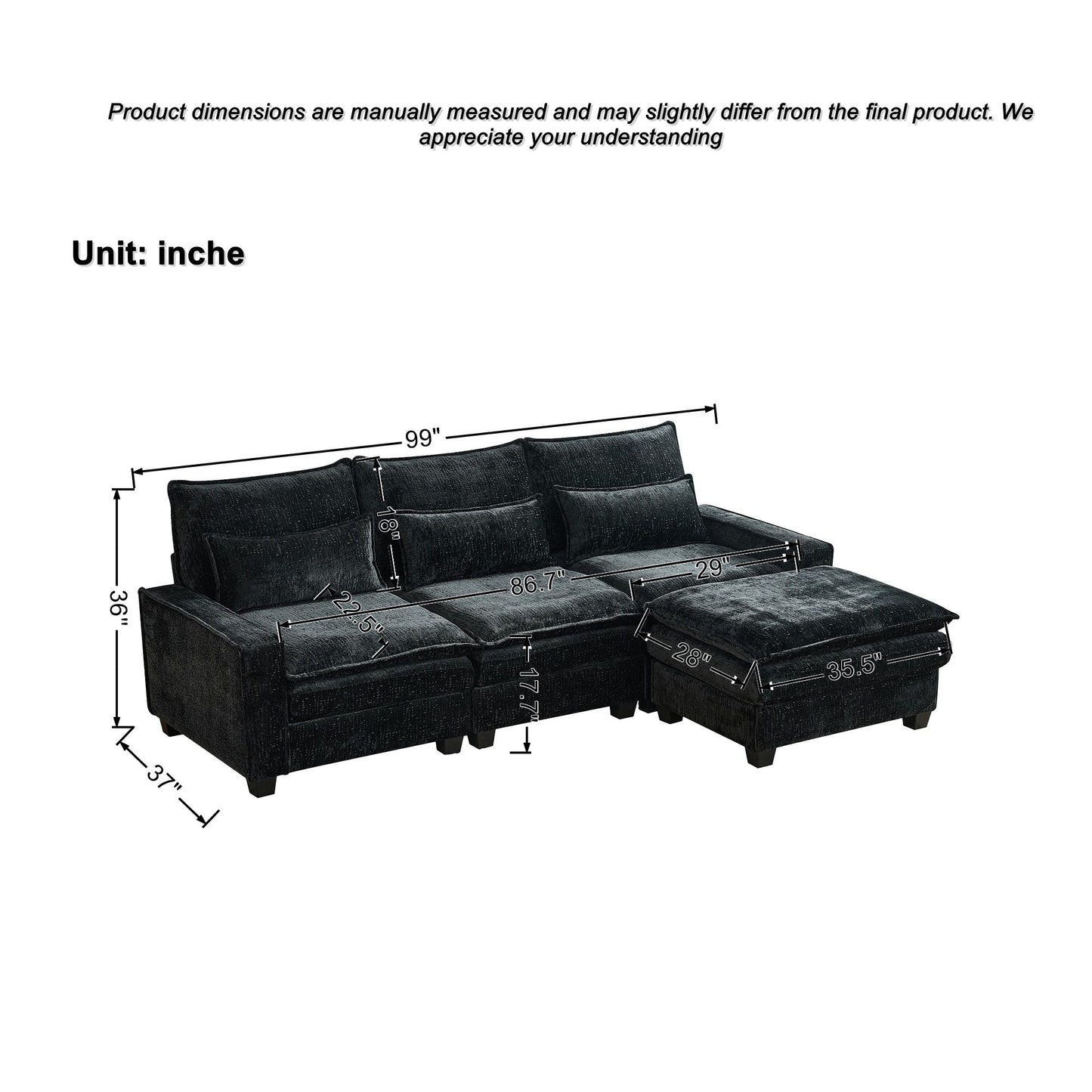 Modern Comfy L Shaped Sectional Sofa With Movable Ottoman