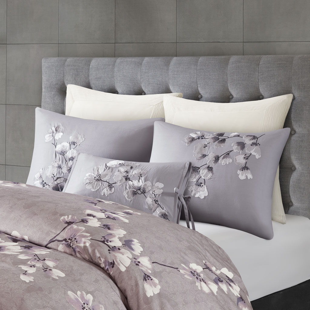 Sakura Blossom - Embroidered Oblong Decorative Pillow - Lilac