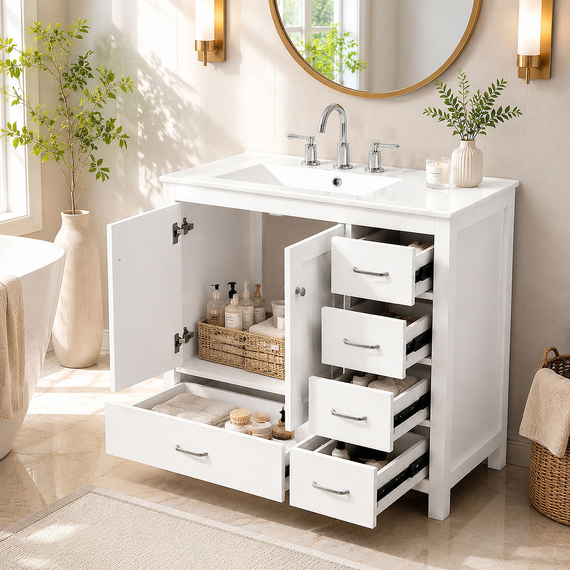 Bathroom Vanity With Sink Combo, 2 Soft Close Doors And 5 Drawers