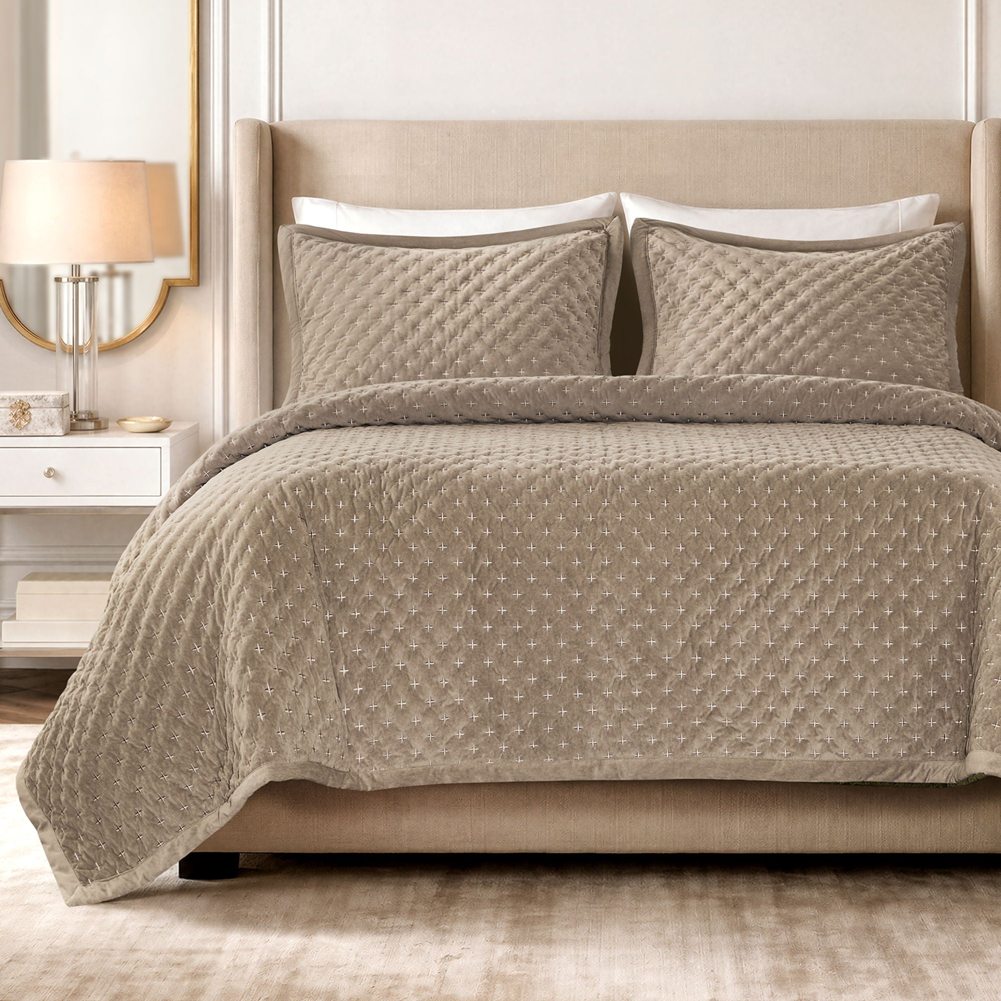 Charleston - 3 Piece Queen Velvet Coverlet Mini Set - Taupe