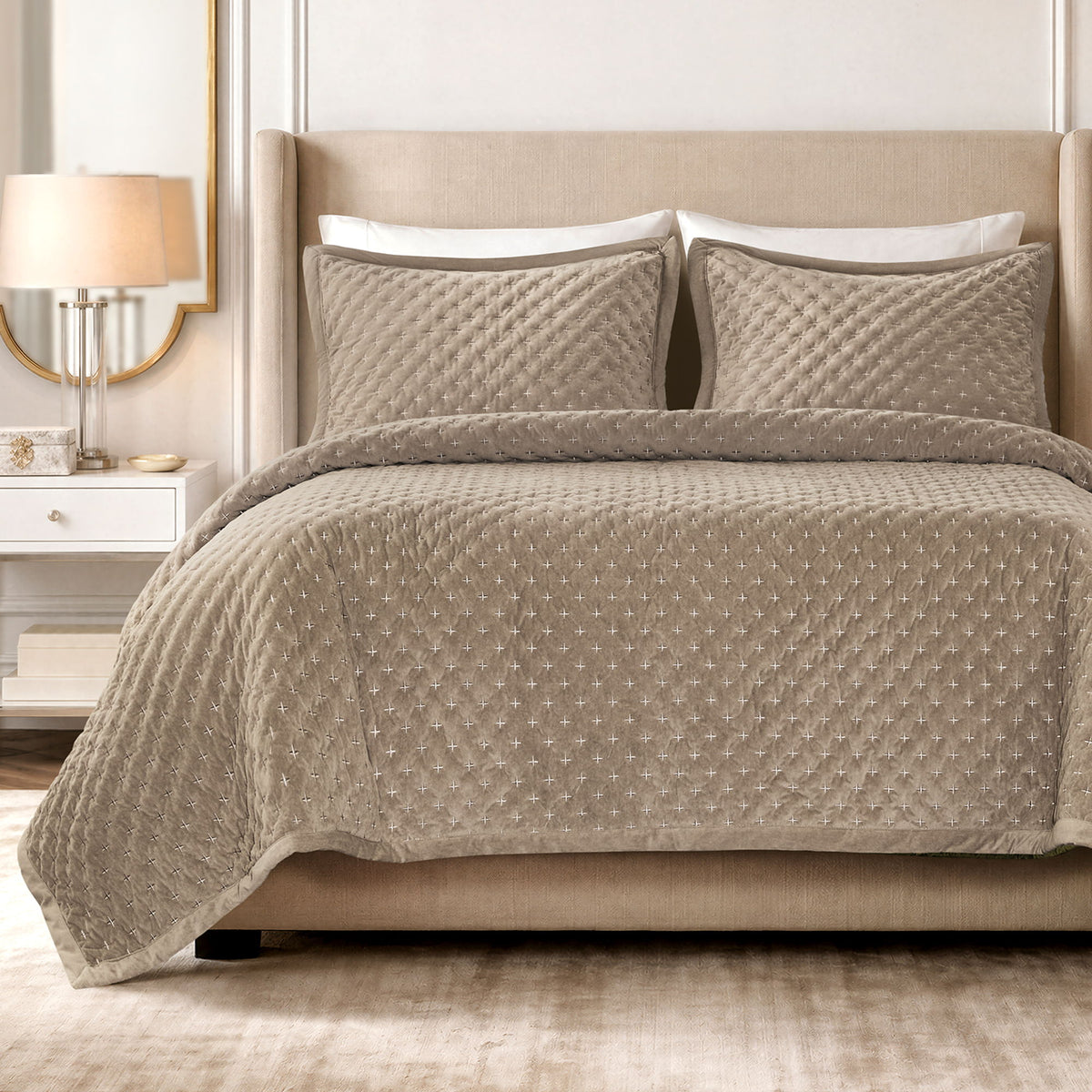 Charleston - 3 Piece King Velvet Coverlet Mini Set - Taupe