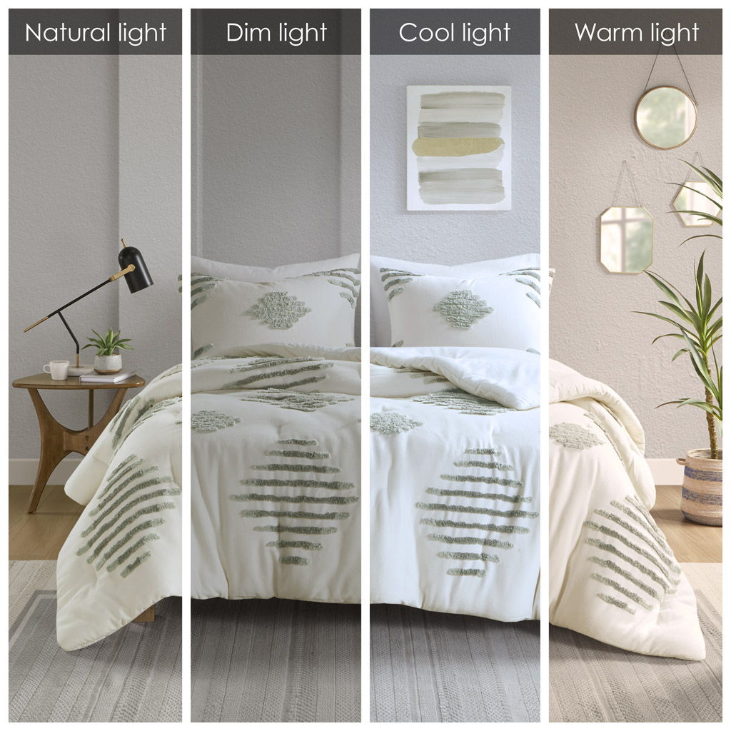 Tahli - 3 Piece Cotton Blend Chenille Comforter Set - Green / Ivory