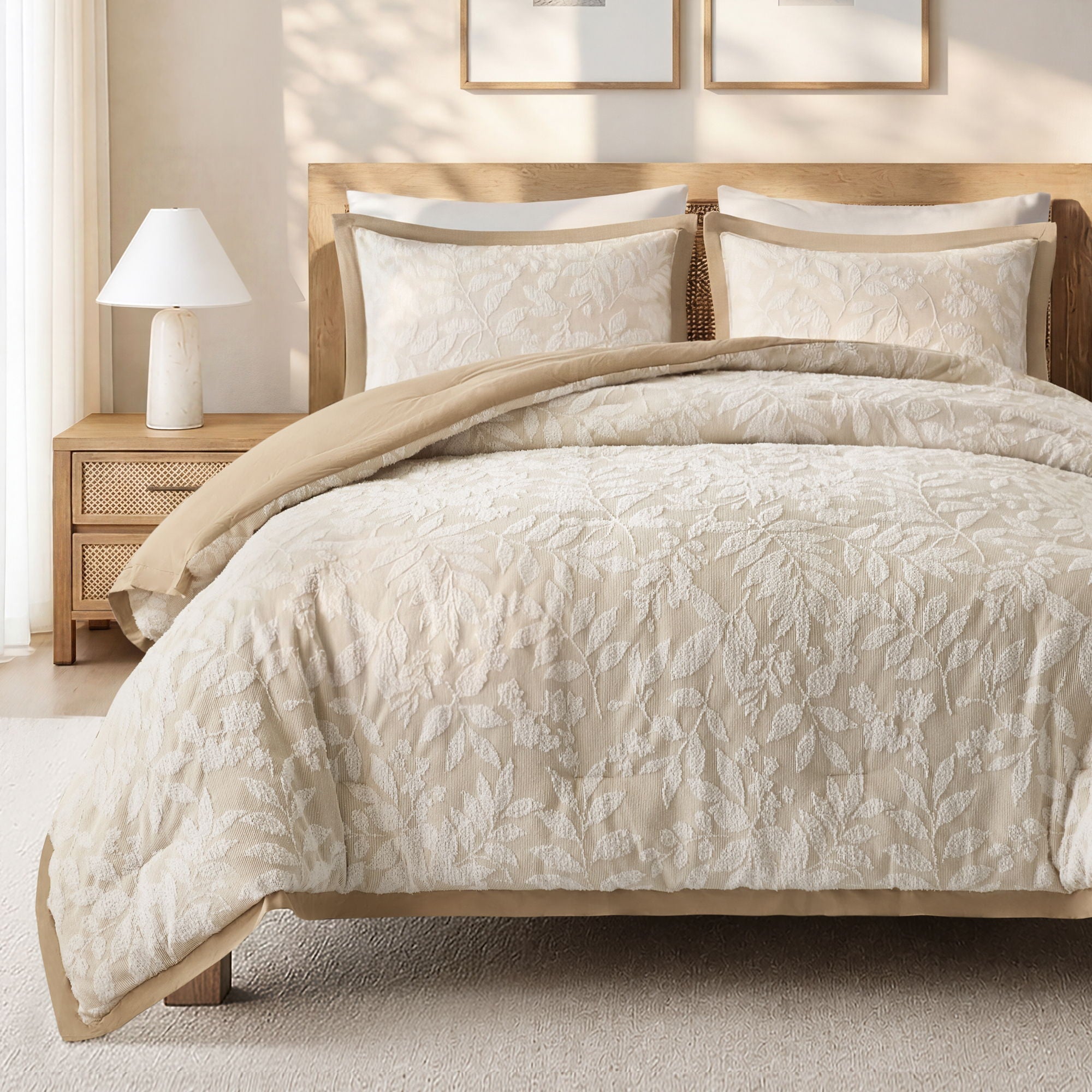 Solace Leaf - King/California King 3-Piece Cotton Blend Botanical Jacquard Comforter Set - Beige