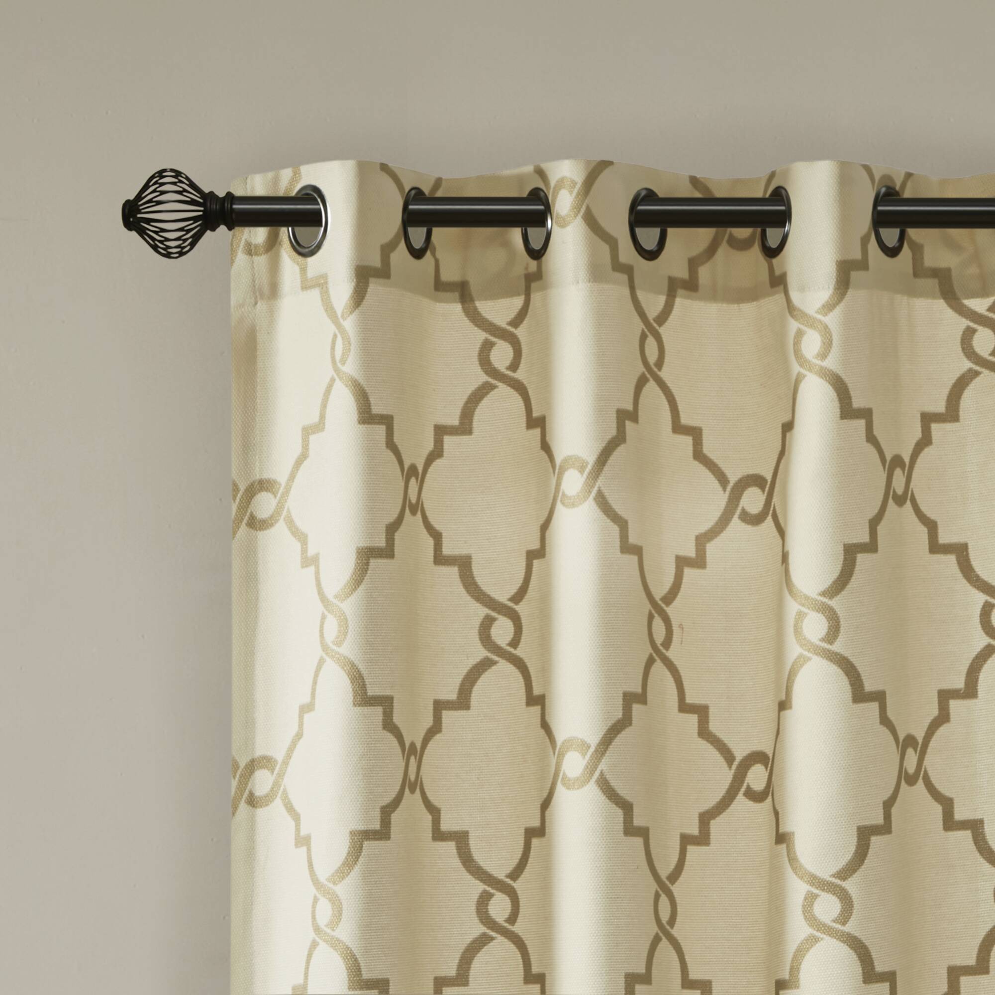 Saratoga - 84" Fretwork Print Grommet Top Window Curtain - Beige / Gold