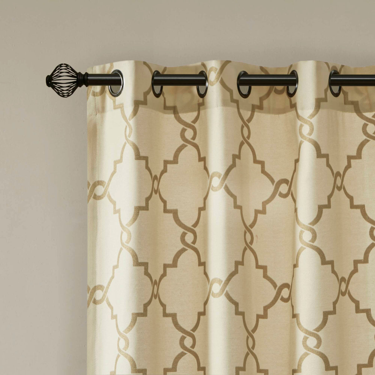 Saratoga - 95" Fretwork Print Grommet Top Window Curtain - Beige / Gold