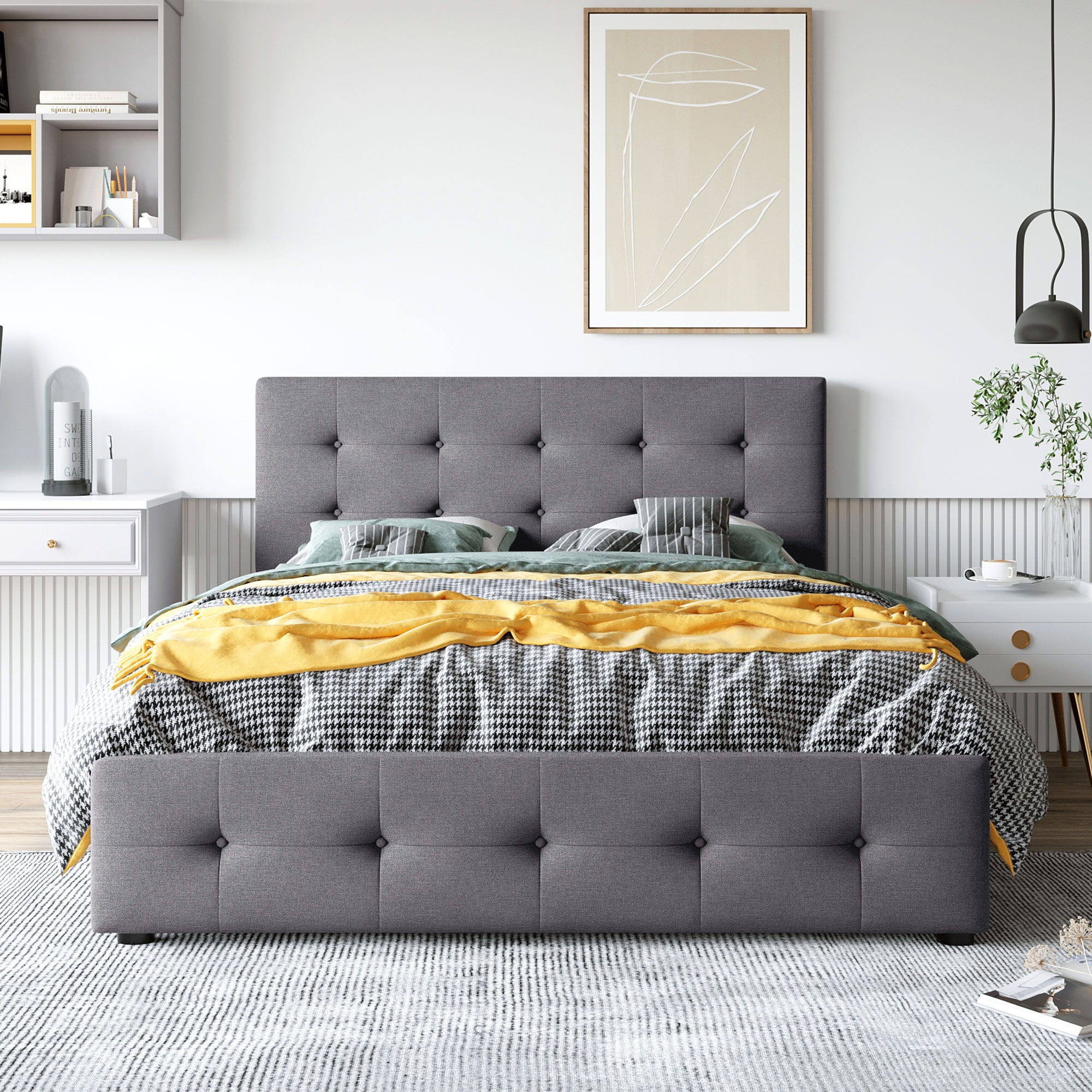 Upholstered Platform Bed With Classic Headboard And Drawers, No Box Spring Needed