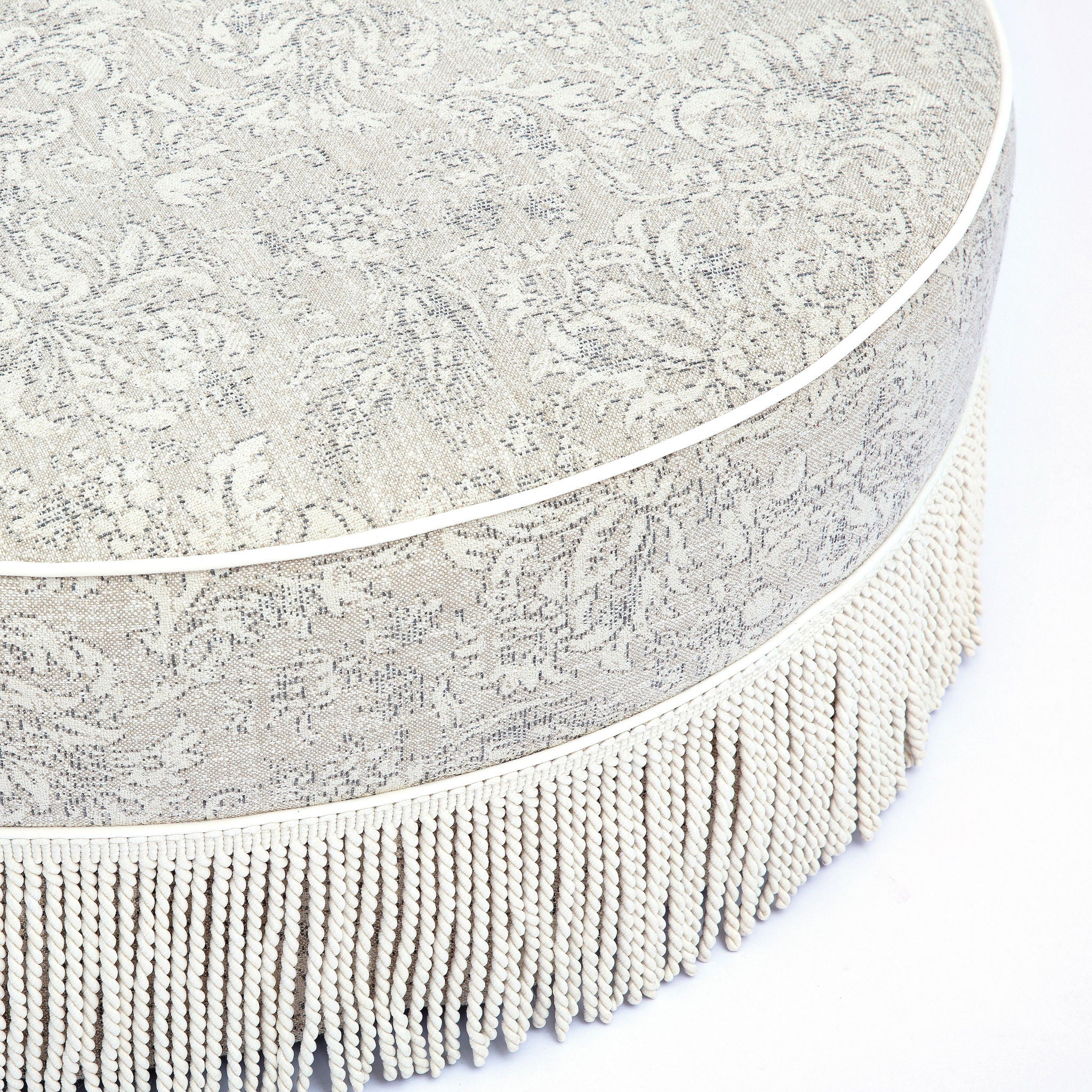 Tassy - Floral Tasseled Round Ottoman - Neutral