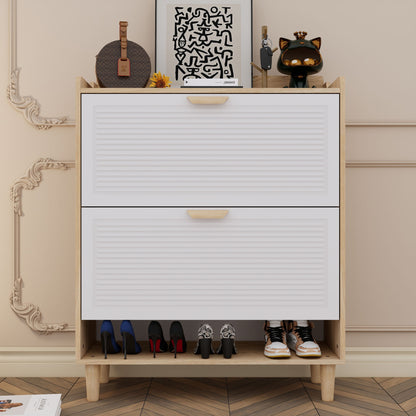 Shoe Storage Cabinet With 2 Flip Drawers, Compact Entryway Organizer - Natural / White